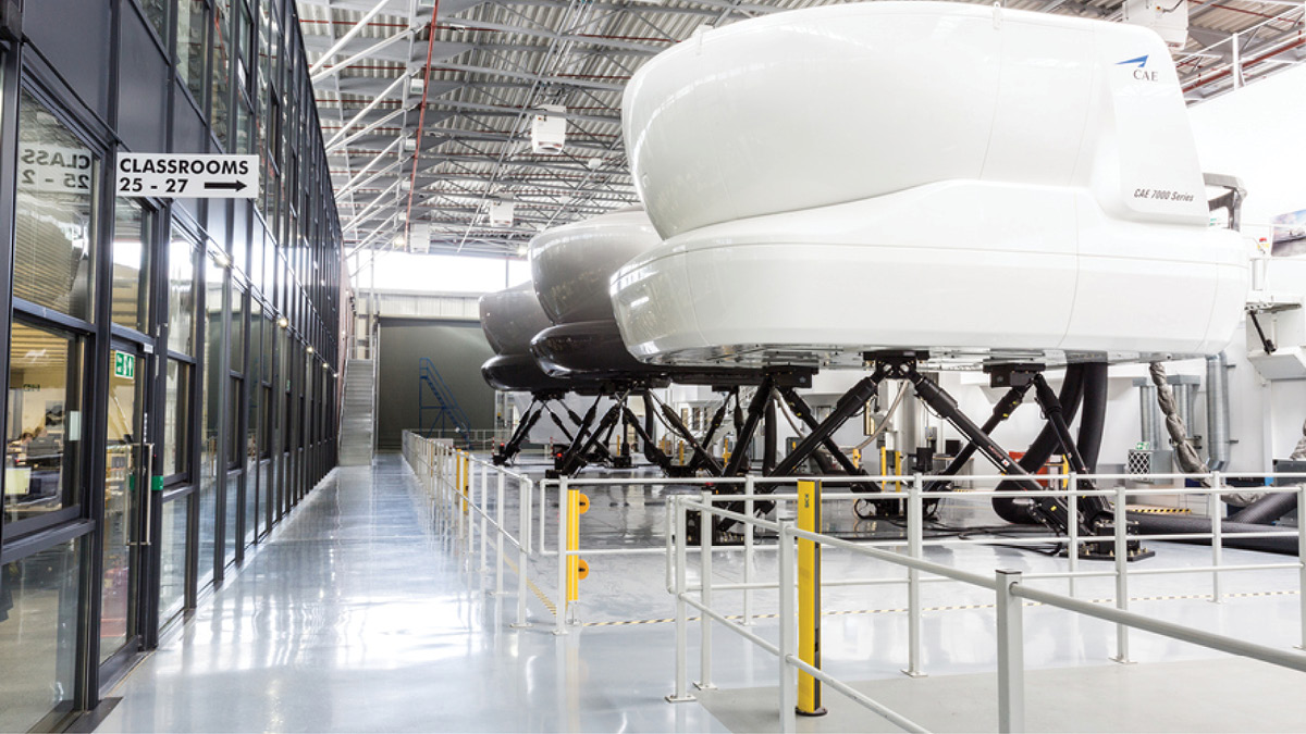 A training room of flight simulators