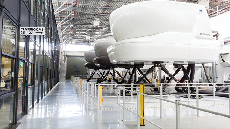 A training room of flight simulators